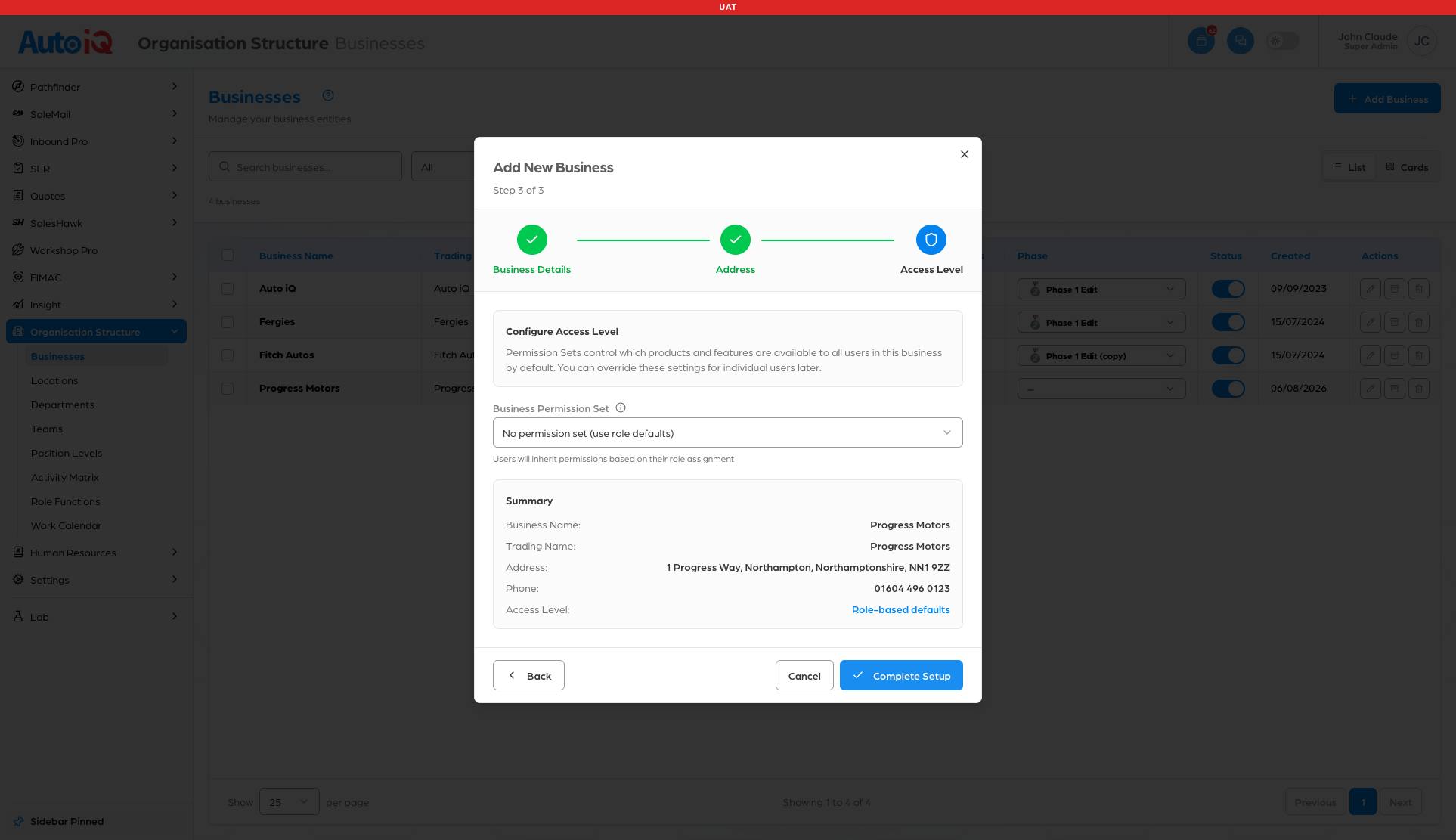 Step 3: access level and summary