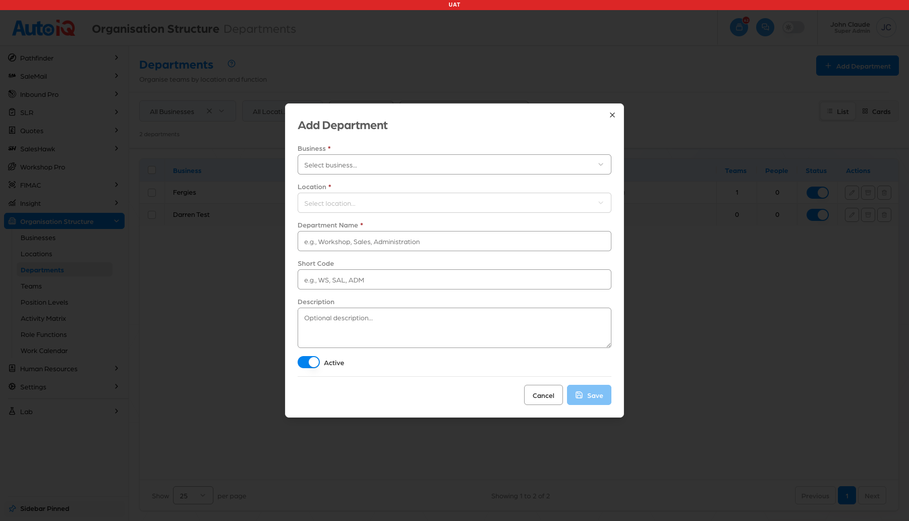 The Add Department form, empty, with Save greyed out