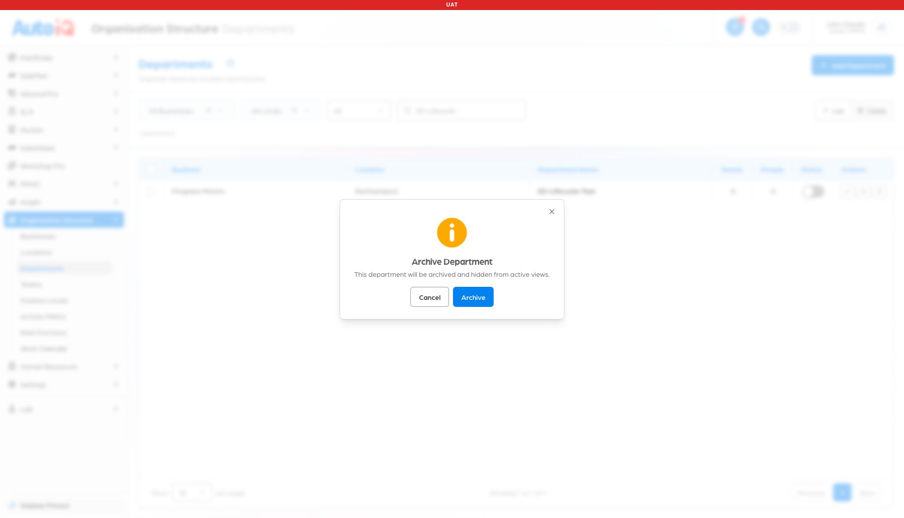 The archive confirmation window