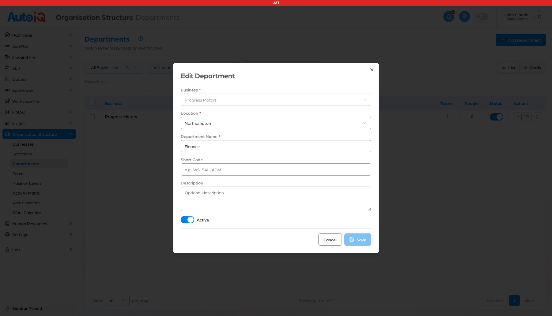 The Edit Department form, filled in as saved