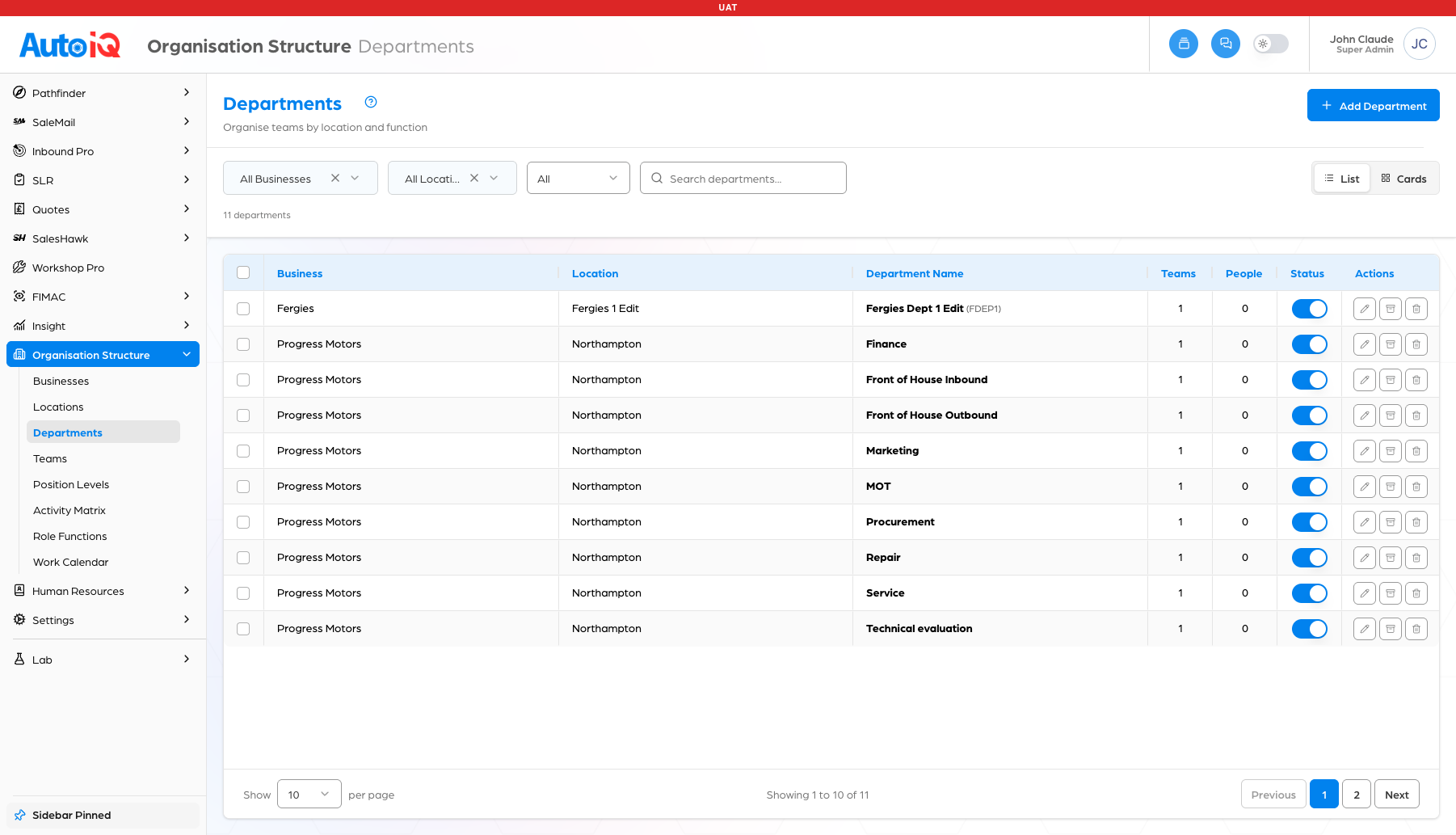 The Departments page on opening, showing the list of departments
