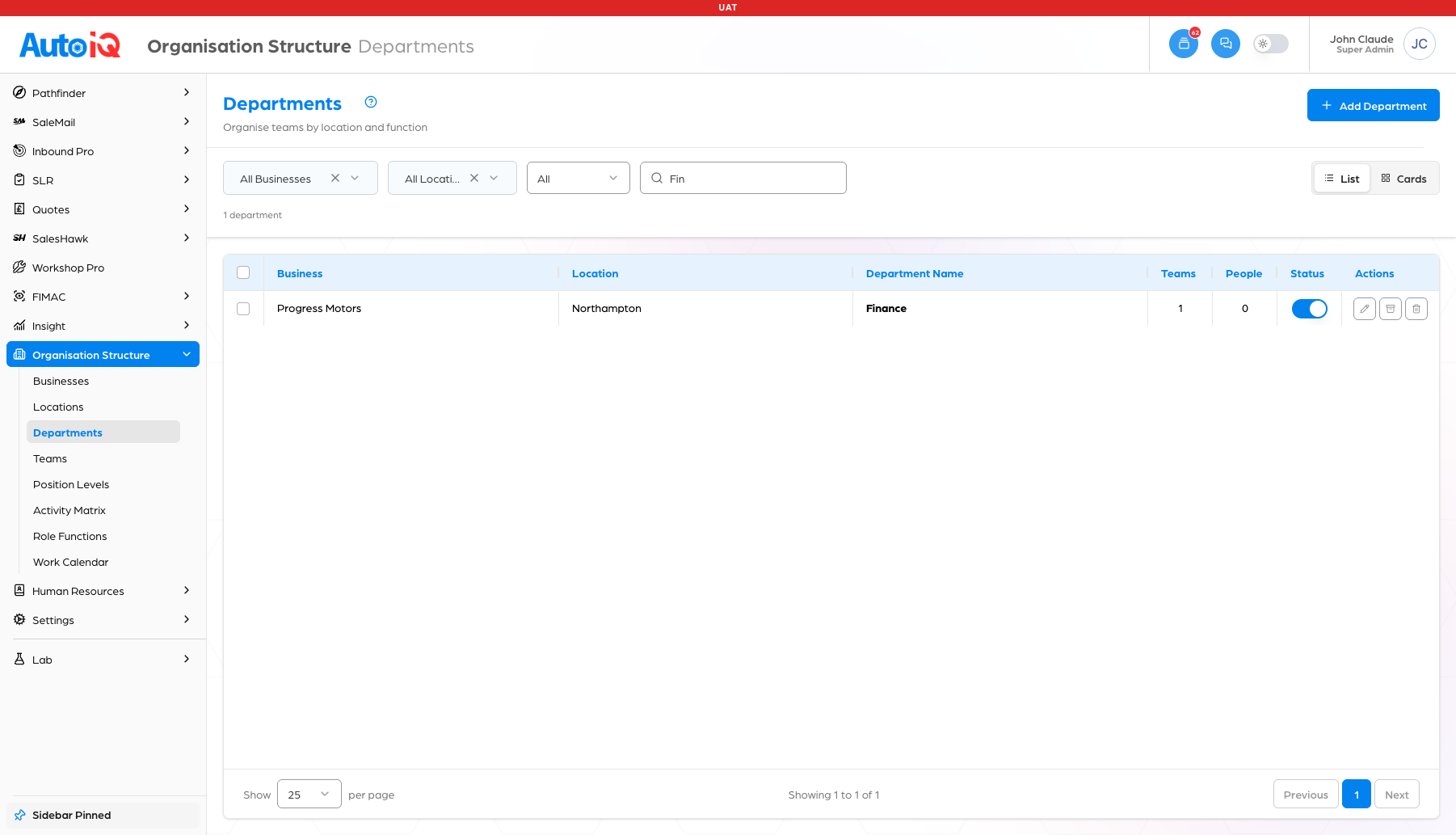Search narrowing the list to Finance