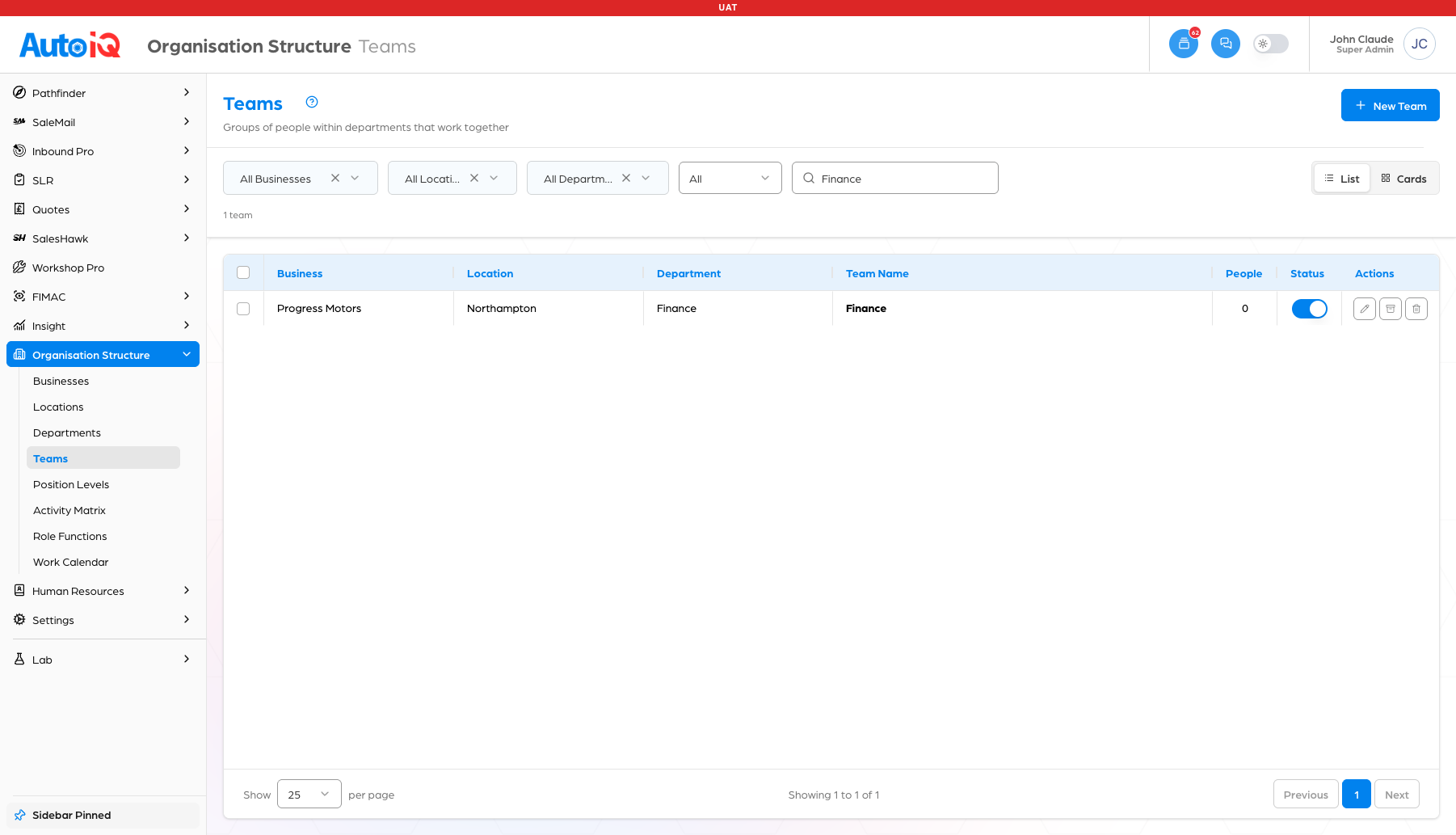 Search narrowing the list to Finance