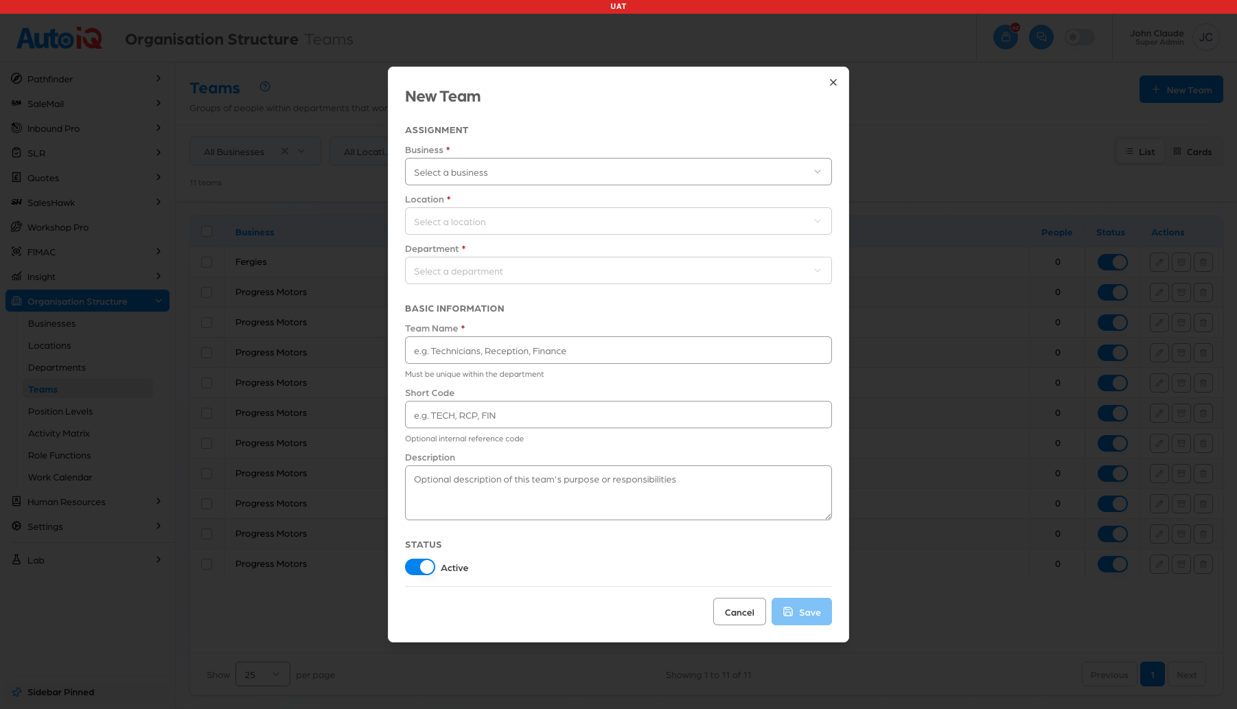 The New Team form, empty, with Save greyed out