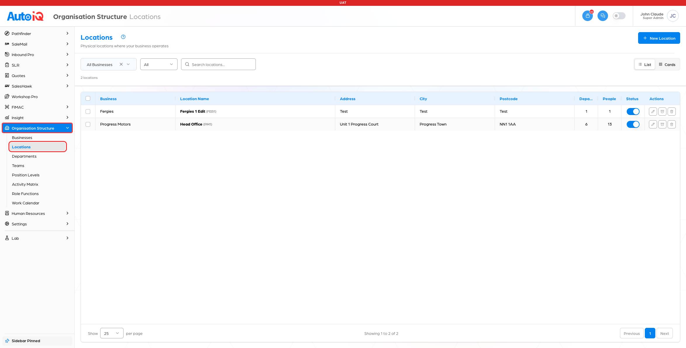 The left menu with Organisation Structure and Locations outlined in red