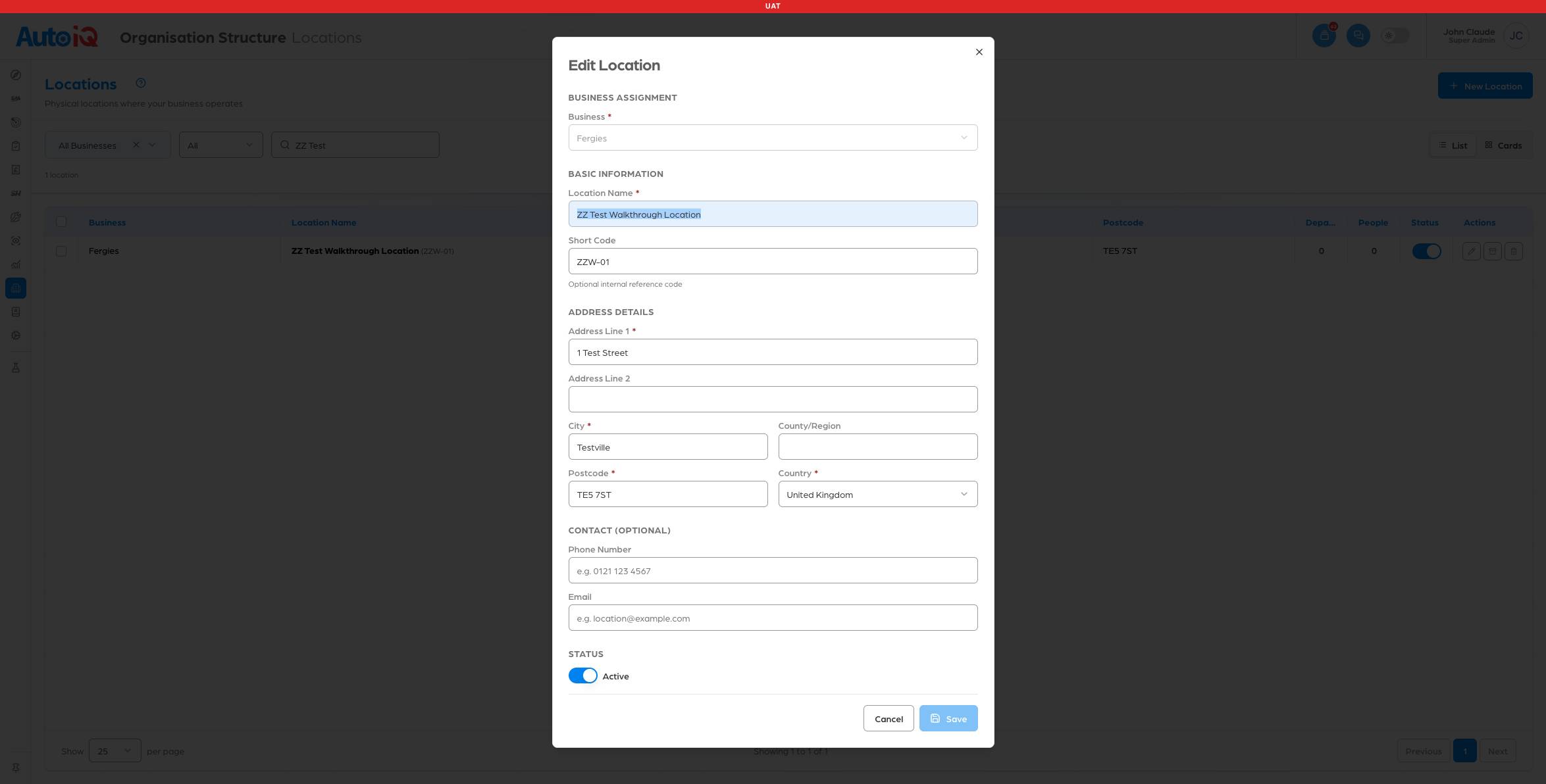 The Edit Location form
